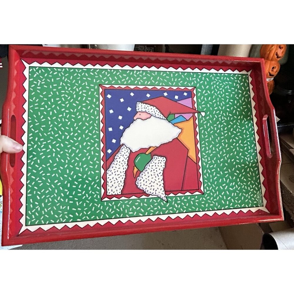 Holiday Serving Tray Potpourri Press Wood Rectangle Santa Holiday Decor Vtg RARE